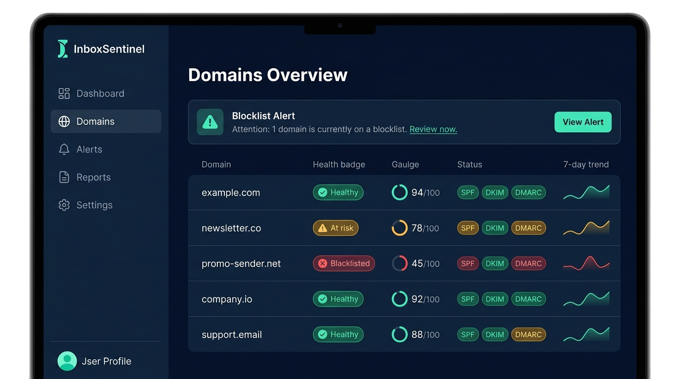 InboxSentinel dashboard — domain health, deliverability scores, blocklist alerts